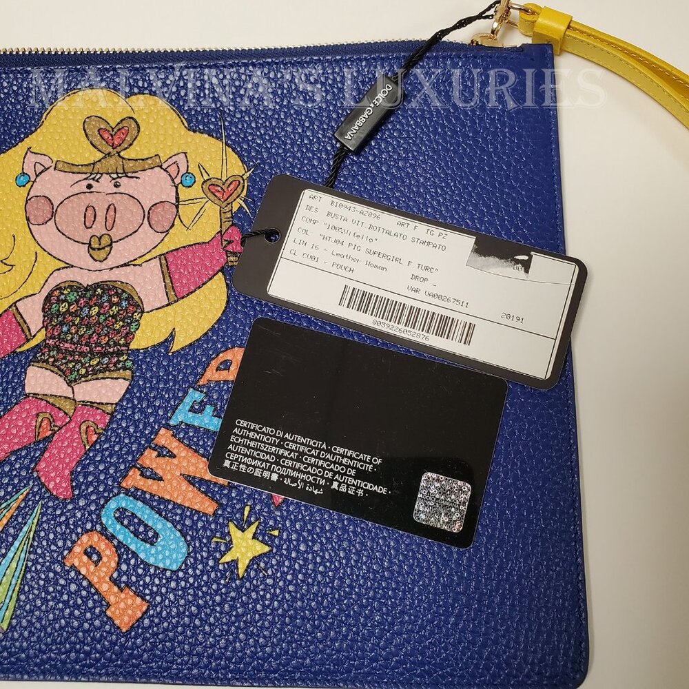 DOLCE & GABBANA BAG POWER PIG BLUE LEATHER POUCH w WRISTLET STRAP - Picture 6 of 12